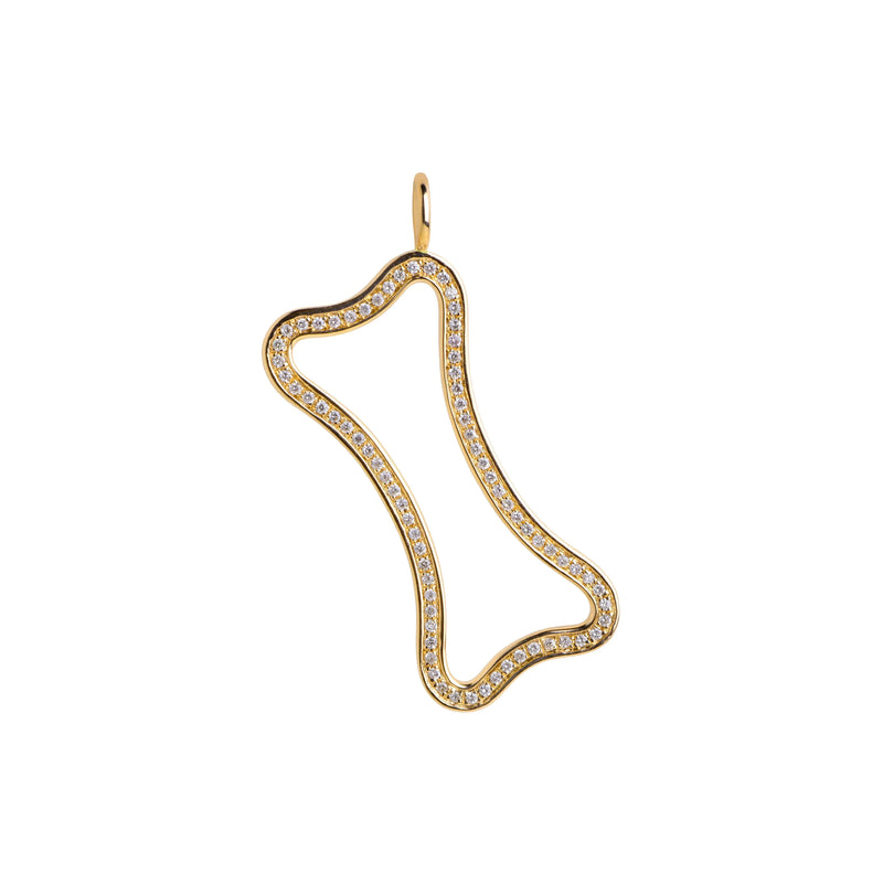 Yellow Gold Large Hollow Diamond Dog Bone Pendant: A large 14K gold hollow dog bone pendant with diamonds