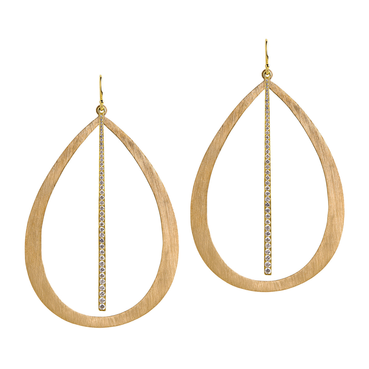 Yellow Gold Large Stackable Teardrop & Diamond Stick Earrings: A pair of 14K gold diamond earrings that are a combination of two earrings, one in a teardrop design and another with a stick design, displayed against a white background.