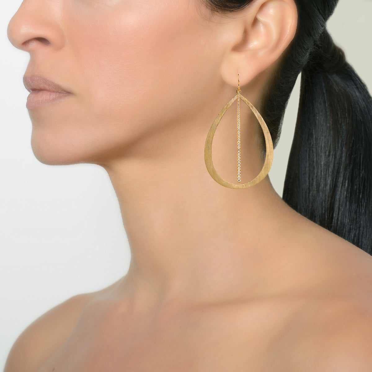 Yellow Gold Large Stackable Teardrop & Diamond Stick Earrings on model