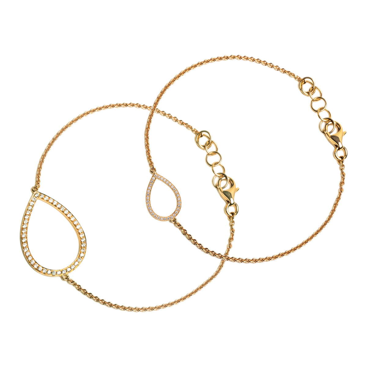 Yellow Gold Me & Mini Me Bracelet Set: Two gold bracelets with diamond accents with teardrop shape centers, both with lobster clasps.