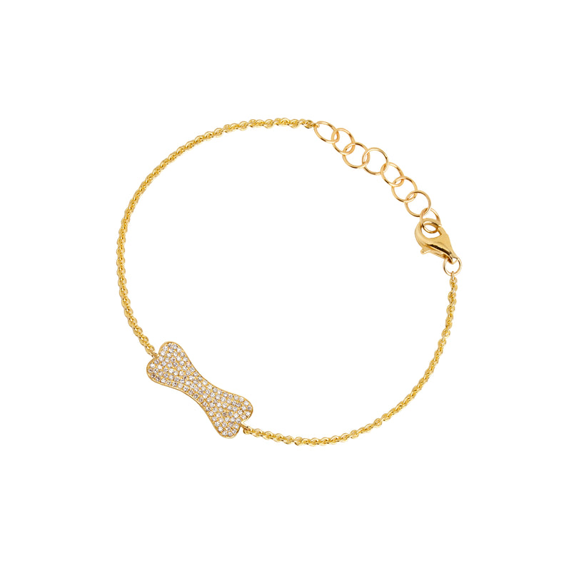 Yellow Gold Mini Diamond Dog Bone Bracelet: A 14K gold bracelet with a diamond-encrusted dog bone charm and an adjustable chain.