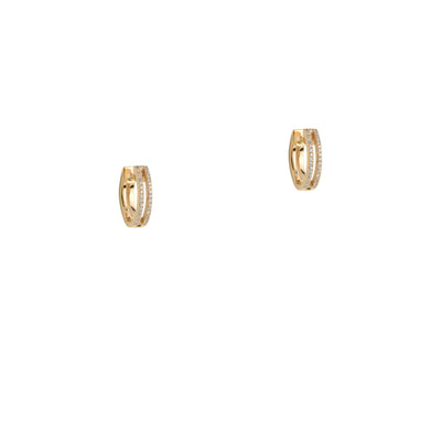 Yellow Gold Mini Open Bar Diamond Huggies: a pair of mini 14K gold huggie earrings with two rows of diamonds 