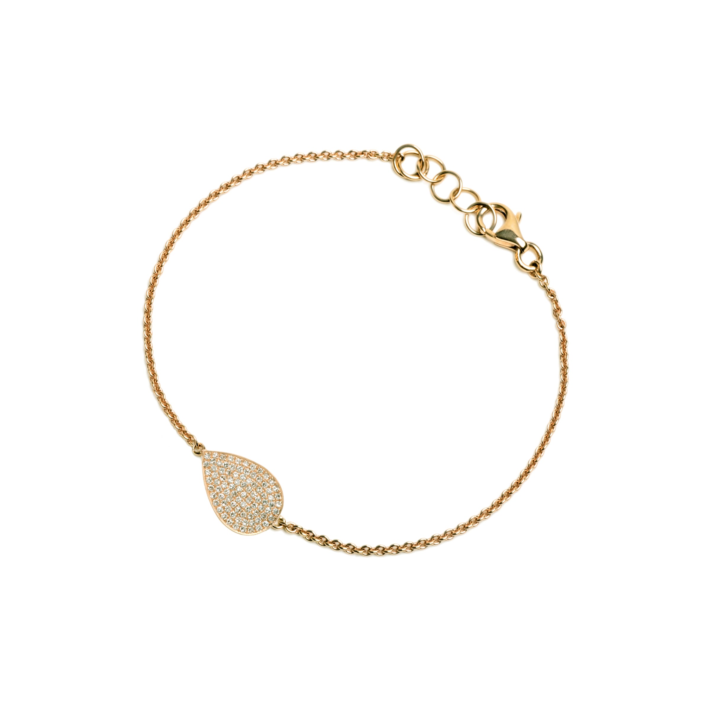 Yellow Gold Mini Pave Diamond Teardrop Bracelet: 14K gold bracelet with a pave diamond teardrop pendant centerpiece