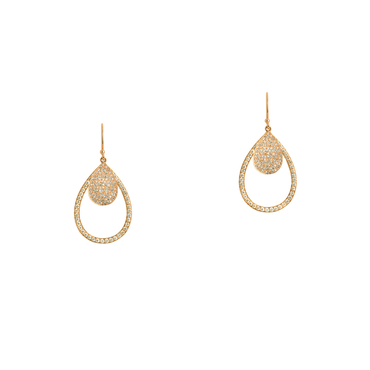 Yellow Gold Mini Pave & Small Diamond Teardrops: A pair of 14K gold diamond earrings that are a combination of two teardrop design earrings of different sizes, displayed against a white background.