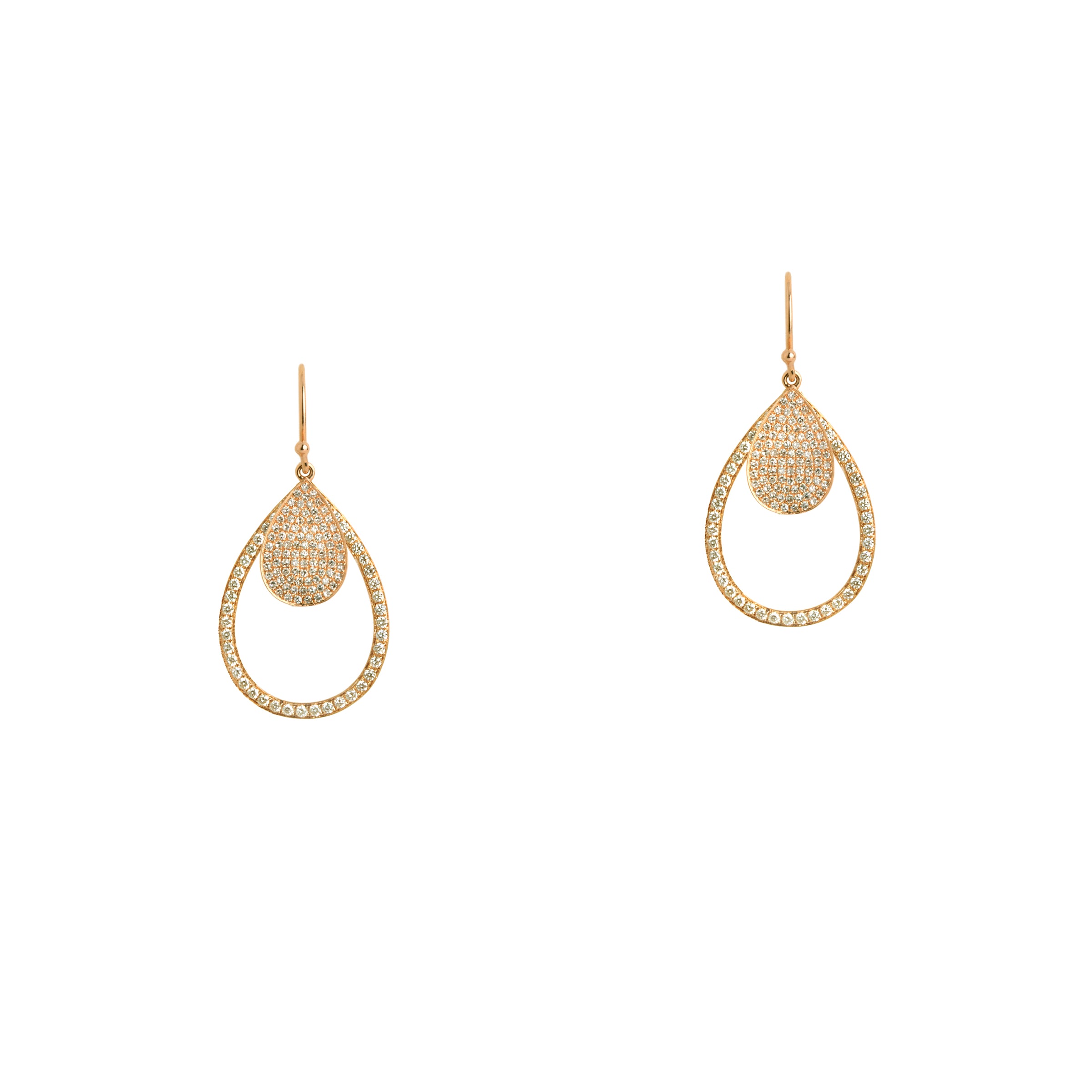 Yellow Gold Mini Pave & Small Diamond Teardrops: A pair of 14K gold diamond earrings that are a combination of two teardrop design earrings of different sizes, displayed against a white background.