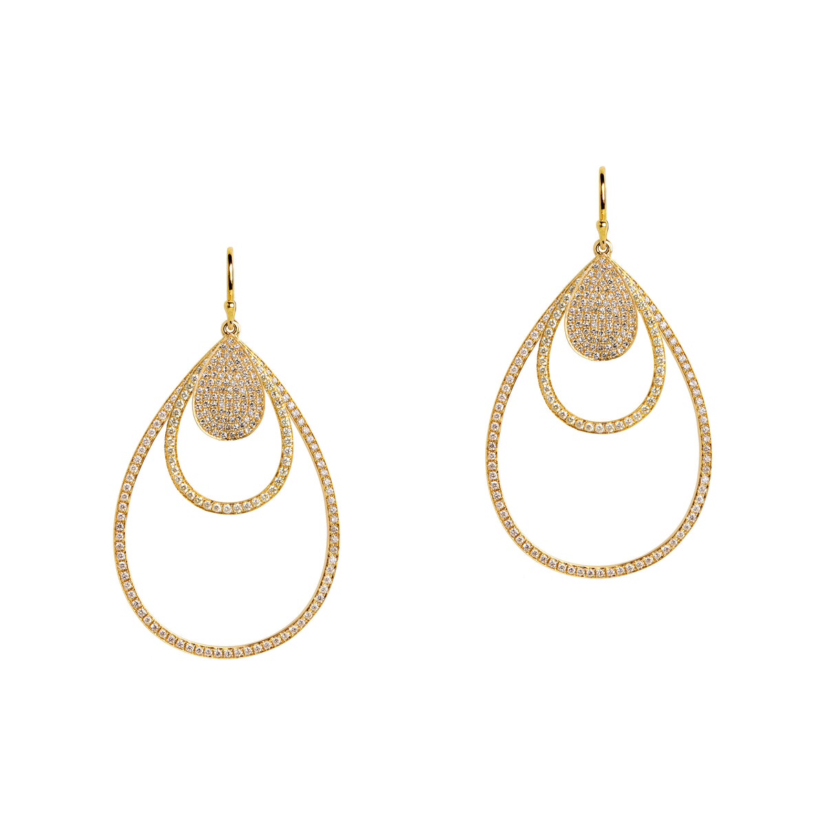 Yellow Gold Mini Pave, Small & Medium Diamond Teardrops: A pair of 14K gold diamond earrings that are a combination of three teardrop design earrings of different sizes, displayed against a white background.