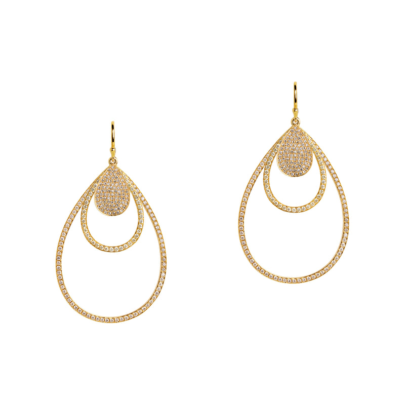 Yellow Gold Mini Pave, Small & Medium Diamond Teardrops: A pair of 14K gold diamond earrings that are a combination of three teardrop design earrings of different sizes, displayed against a white background.