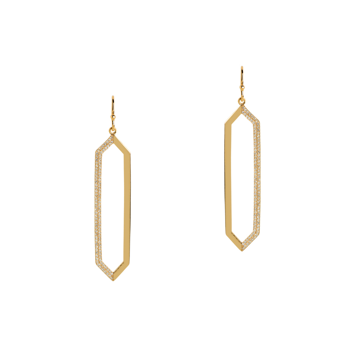 Yellow Gold Mirror Image Earrings: A pair of 14K gold drop earrings with diamonds on half of the earring on a white background.