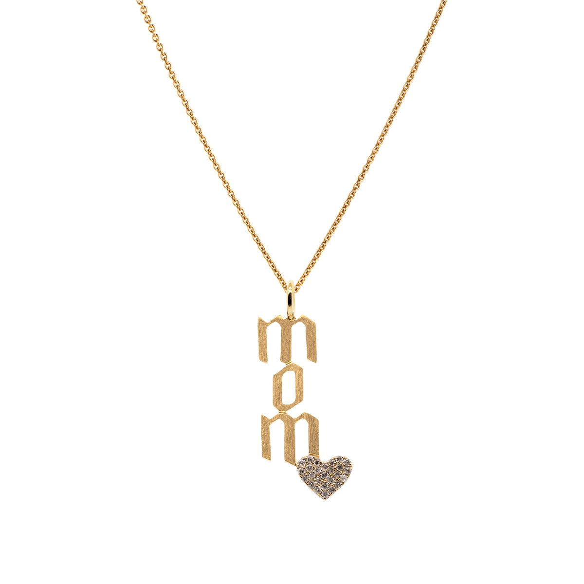 Yellow Gold Mom Diamond Necklace: A 14K gold pendant with a diamond heart, featuring the letters 'Mom', on a chain.