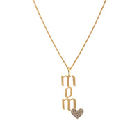 Yellow Gold Mom Diamond Necklace: A 14K gold pendant with a diamond heart, featuring the letters 'Mom', on a chain.