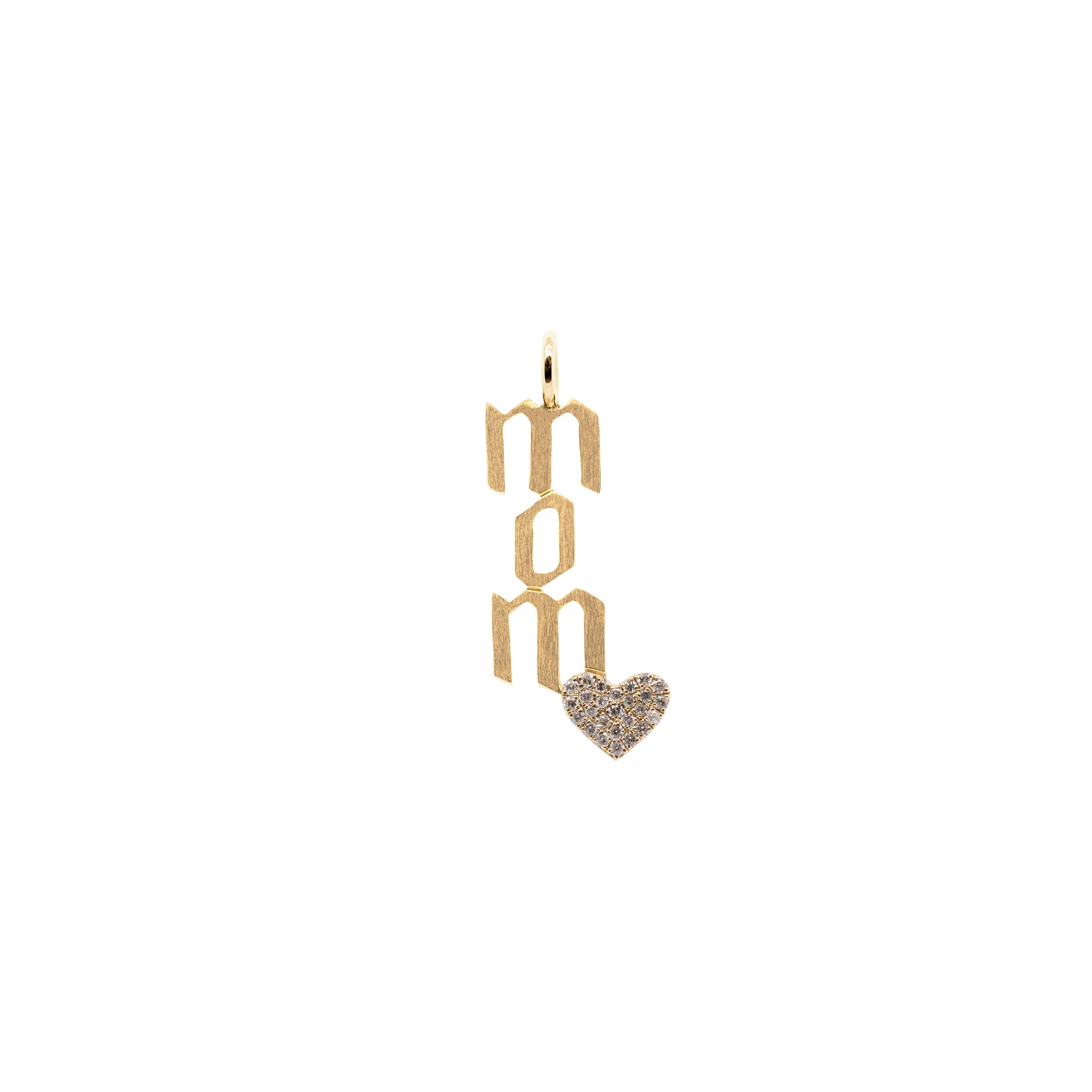 Yellow Gold Mom Diamond Pendant: A 14K gold pendant with a diamond heart, featuring the letters 'Mom'.