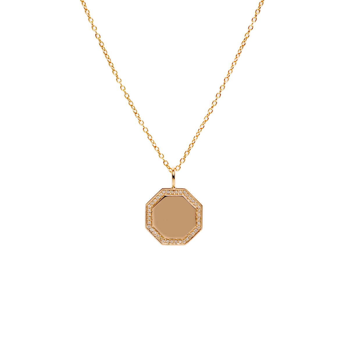 Yellow Gold Octagon Diamond Necklace: A 14K gold diamond engravable pendant with an octagonal shape, suspended from a gold chain.