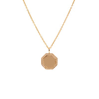 Yellow Gold Octagon Diamond Necklace: A 14K gold diamond engravable pendant with an octagonal shape, suspended from a gold chain.