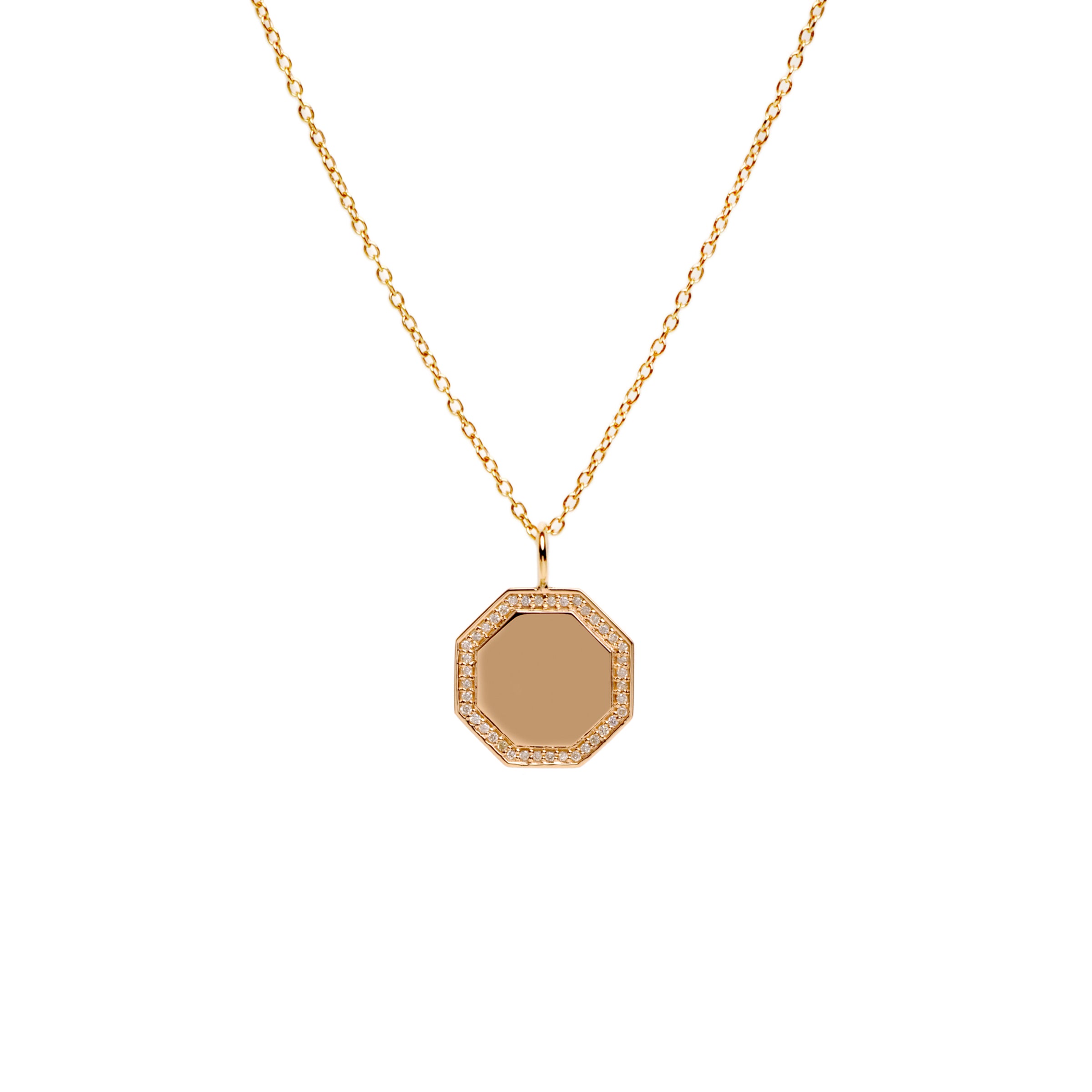 Yellow Gold Octagon Diamond Necklace: A 14K gold diamond engravable pendant with an octagonal shape, suspended from a gold chain.