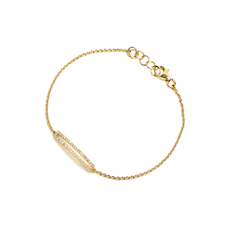 Yellow Gold Open Bar Diamond Bracelet: A 14K gold bracelet with a diamond-accented open bar, featuring a lobster clasp fastening.