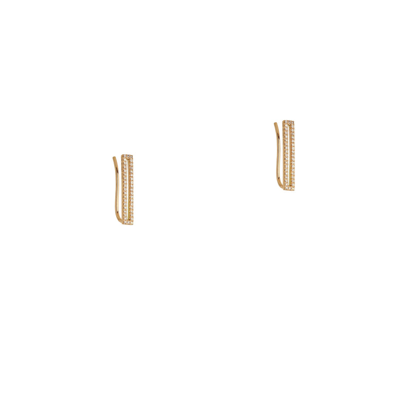 Yellow Gold Open Bar Diamond Ear Crawlers: A pair of 14K gold diamond ear crawlers with a French wire back, displayed against a white background.