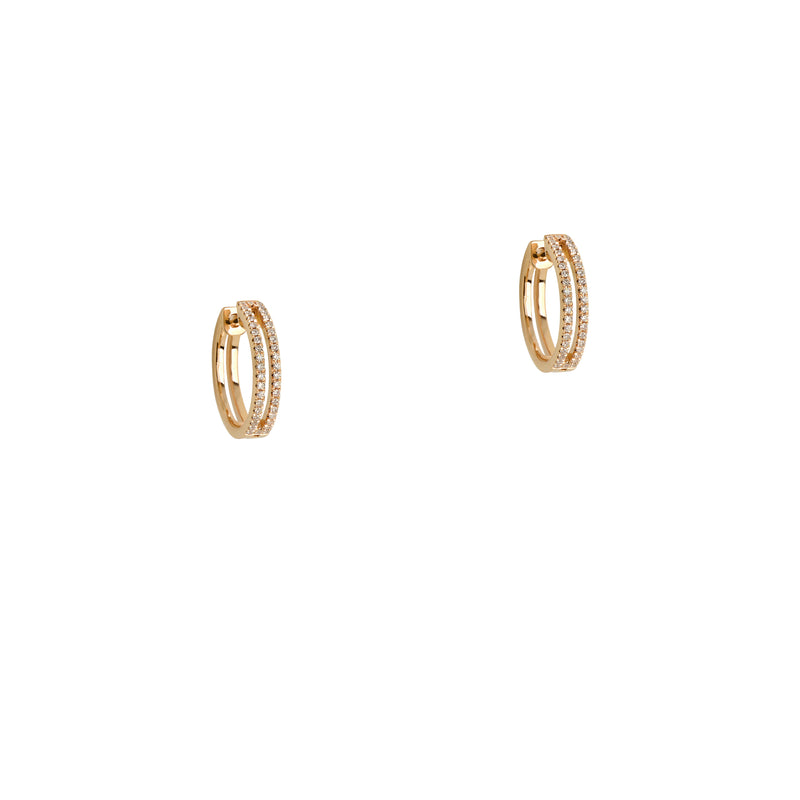 Yellow Gold Open Bar Diamond Huggies: a pair of 14K gold huggie earrings with two rows of diamonds 