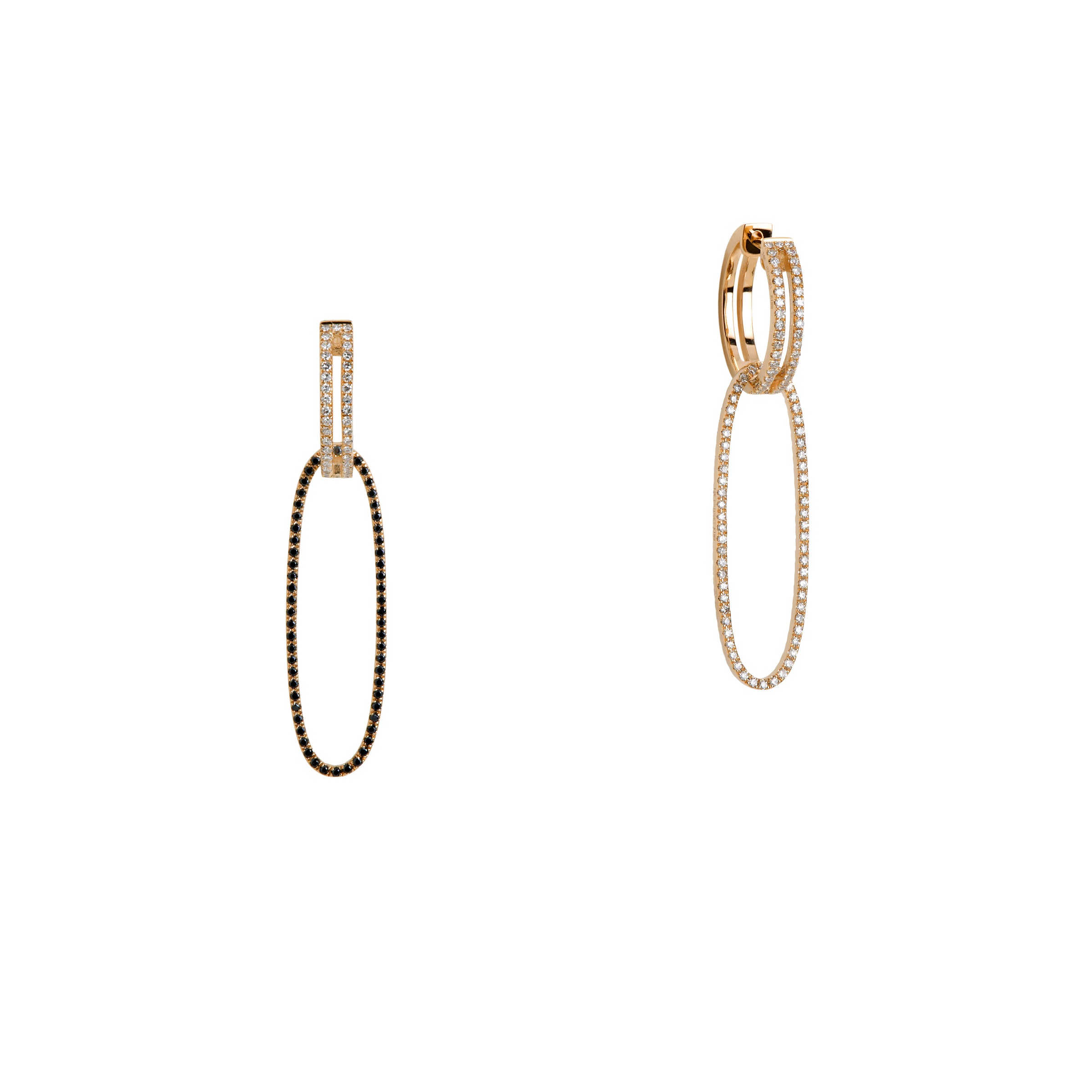 Yellow Gold Open Bar Diamond Huggies w/ Reversible White & Black Diamond Oval Extensions: A pair of 14K gold huggie earrings with extensions of one side featuring black diamonds and the other side featuring white diamonds