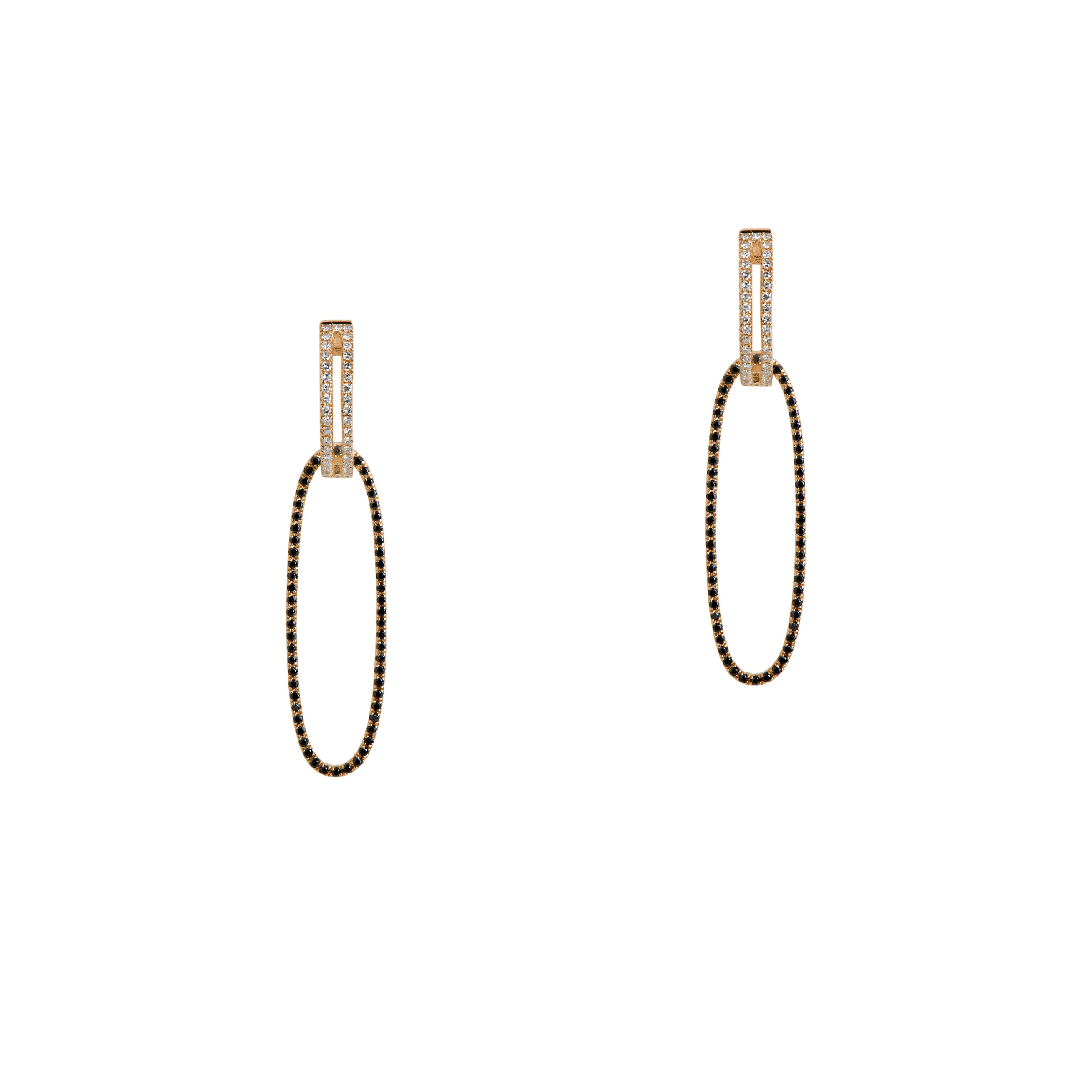 Yellow Gold Open Bar Diamond Huggies w/ Reversible White & Black Diamond Oval Extensions: A pair of 14K gold huggie earrings with extensions of one side featuring black diamonds and the other side featuring white diamonds