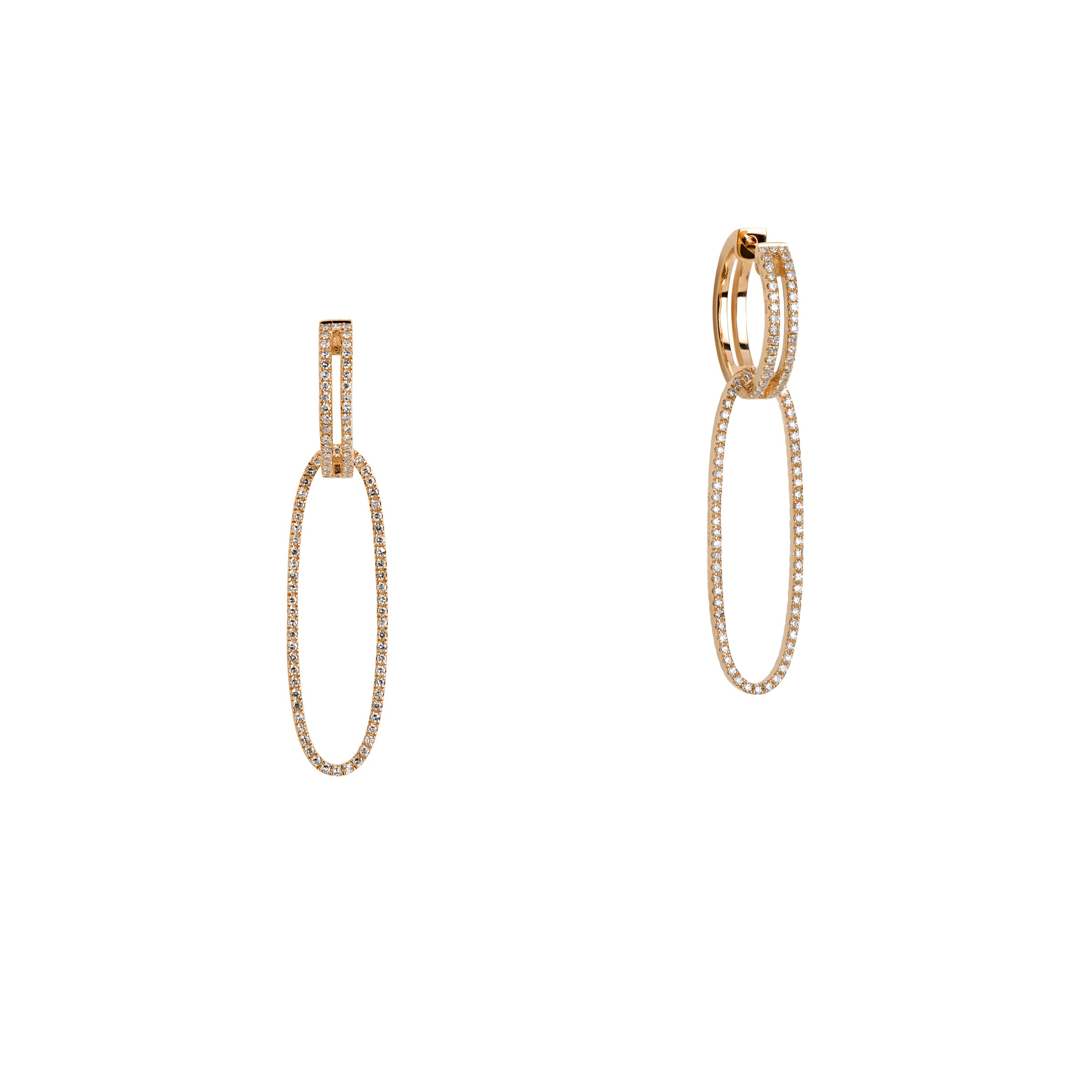 Yellow Gold Open Bar Diamond Huggies w/ Reversible White & Black Diamond Oval Extensions: A pair of 14K gold huggie earrings with extensions of one side featuring black diamonds and the other side featuring white diamonds