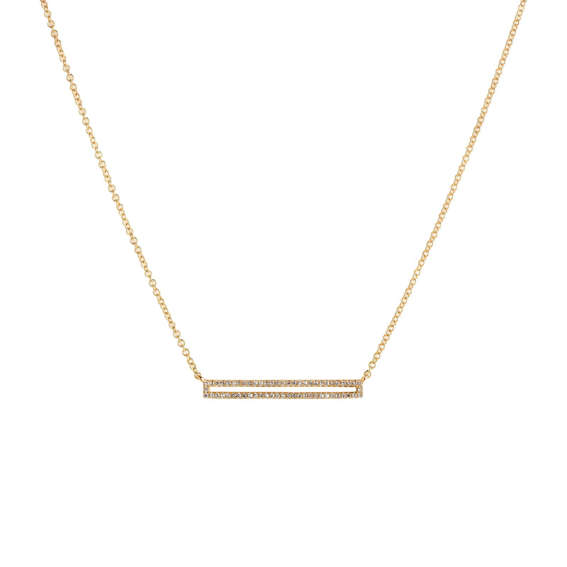 Yellow Gold Open Bar Diamond Necklace: A 14K gold diamond necklace with a lobster clasp fastening, featuring a series of round diamonds along the bar.