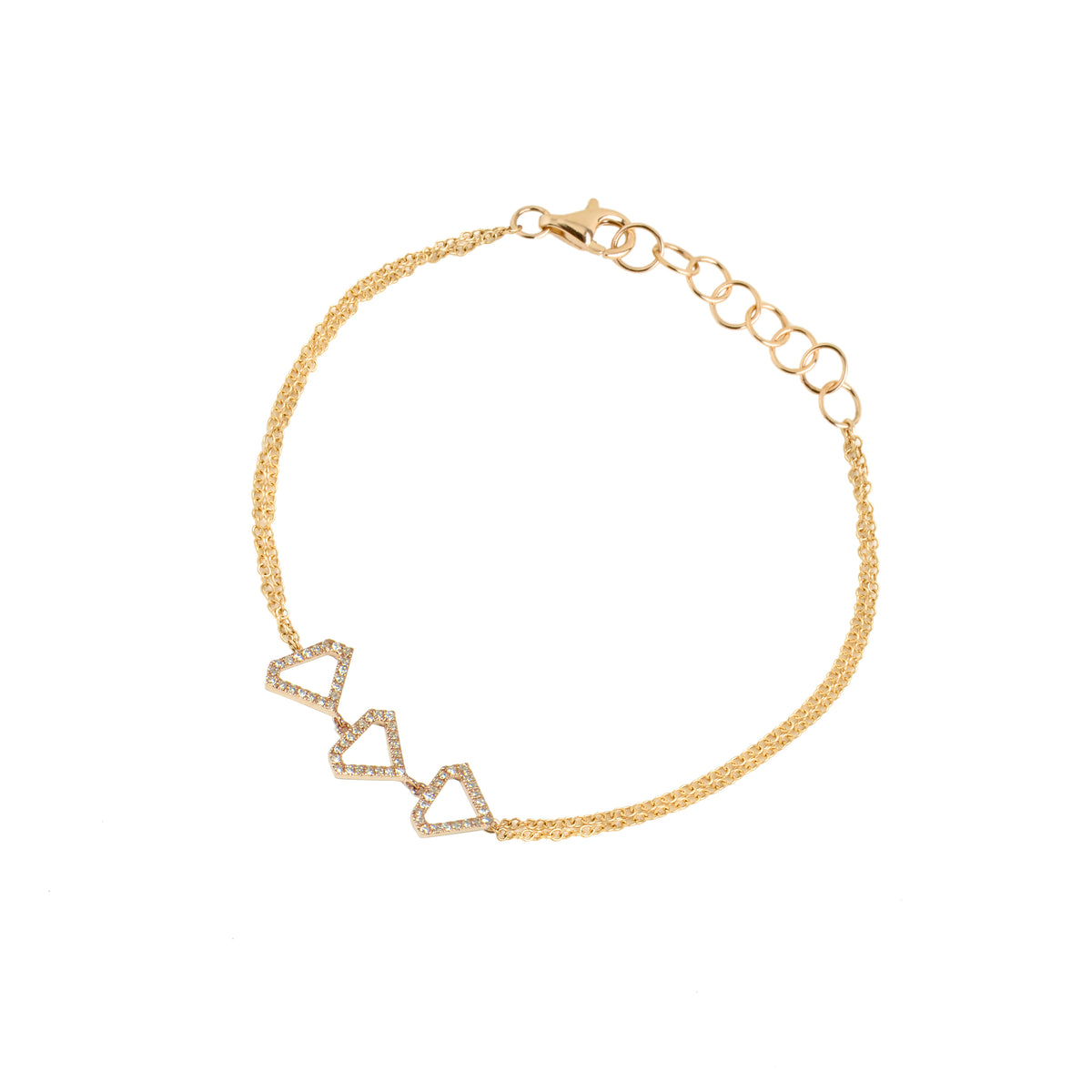 Yellow Gold Open Shield Bracelet: A 14K gold bracelet with three diamond-embedded hollow diamond shapes, adjustable length with a lobster clasp, on a white background.