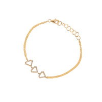 Yellow Gold Open Shield Bracelet: A 14K gold bracelet with three diamond-embedded hollow diamond shapes, adjustable length with a lobster clasp, on a white background.