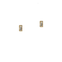 Yellow Gold Rectangular Studs: A pair of 14K gold rectangular-shaped earrings, featuring a central white topaz and surrounding diamonds.