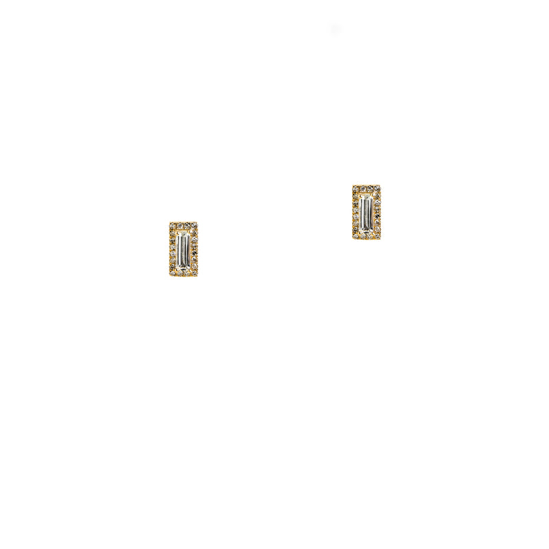 Yellow Gold Rectangular Studs: A pair of 14K gold rectangular-shaped earrings, featuring a central white topaz and surrounding diamonds.