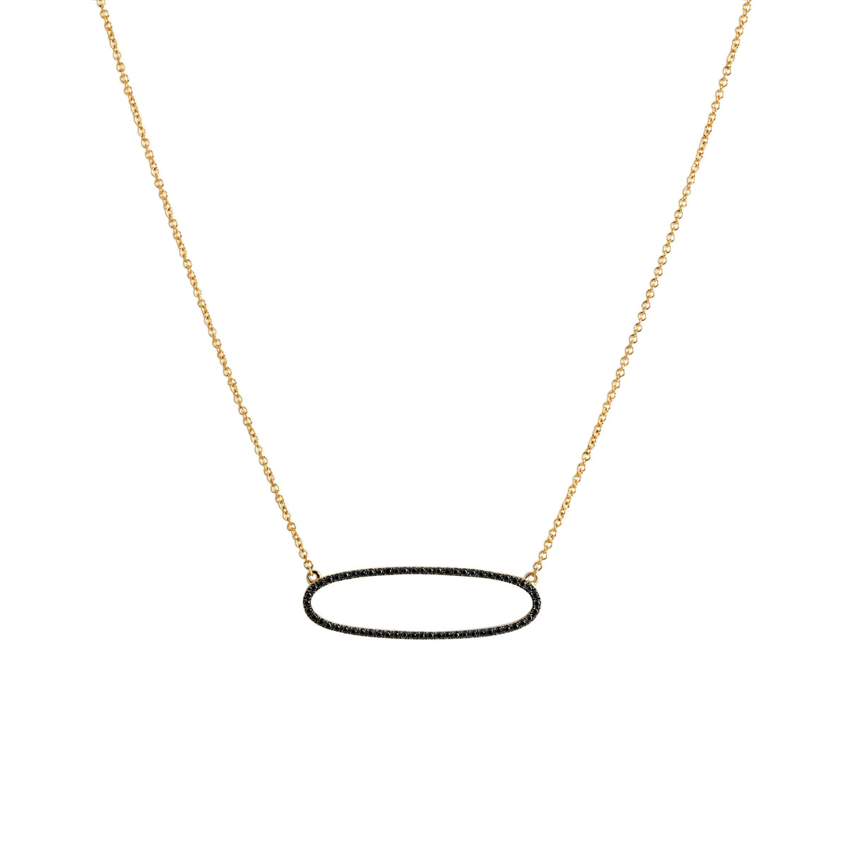 Yellow Gold Reversible Diamond Oval Necklace: A 14K gold necklace featuring an oval of white diamonds on one side and black diamonds on the other, with a lobster clasp fastening.