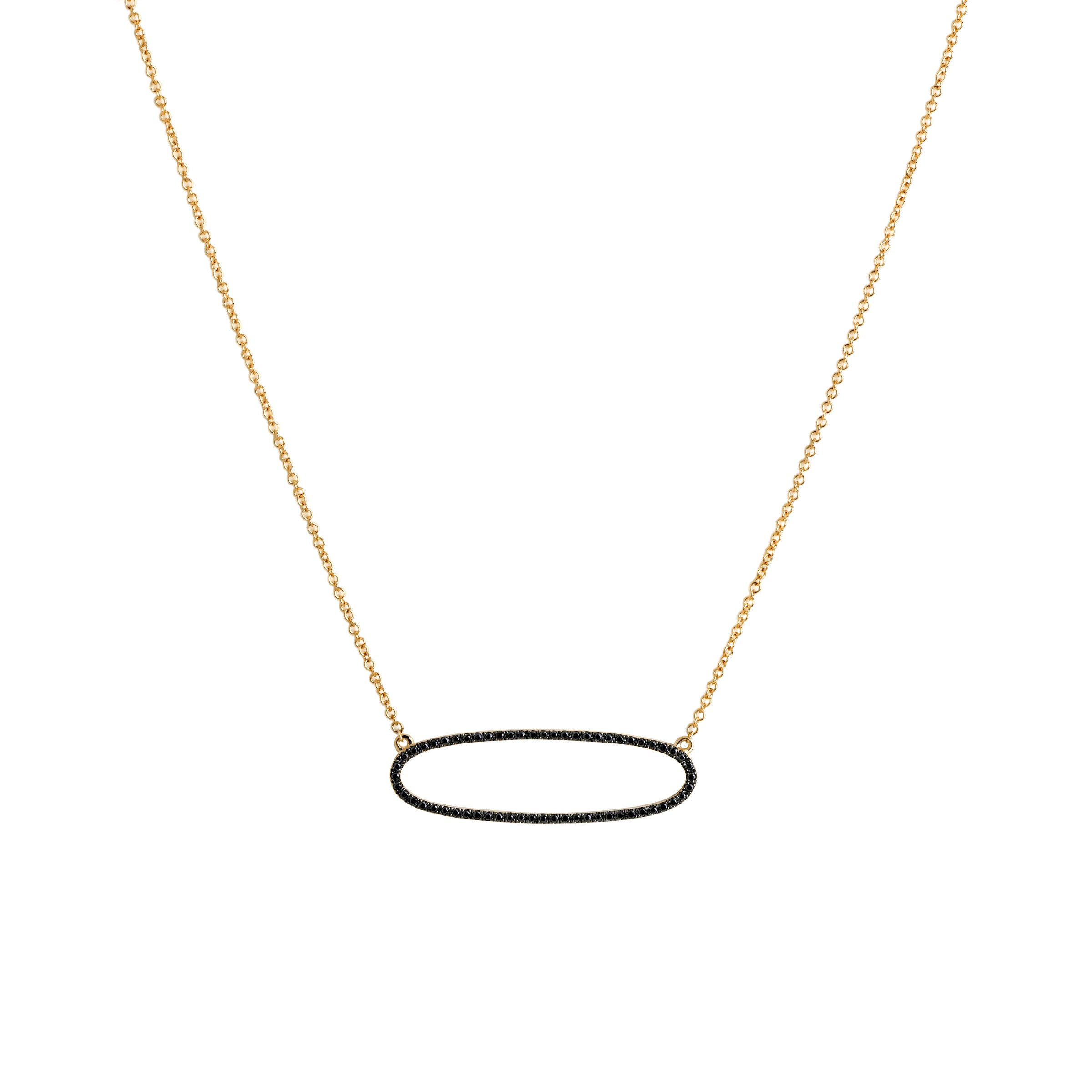 Yellow Gold Reversible Diamond Oval Necklace: A 14K gold necklace featuring an oval of white diamonds on one side and black diamonds on the other, with a lobster clasp fastening.