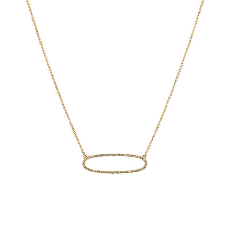 Yellow Gold Reversible Diamond Oval Necklace: A 14K gold necklace featuring an oval of white diamonds on one side and black diamonds on the other, with a lobster clasp fastening.