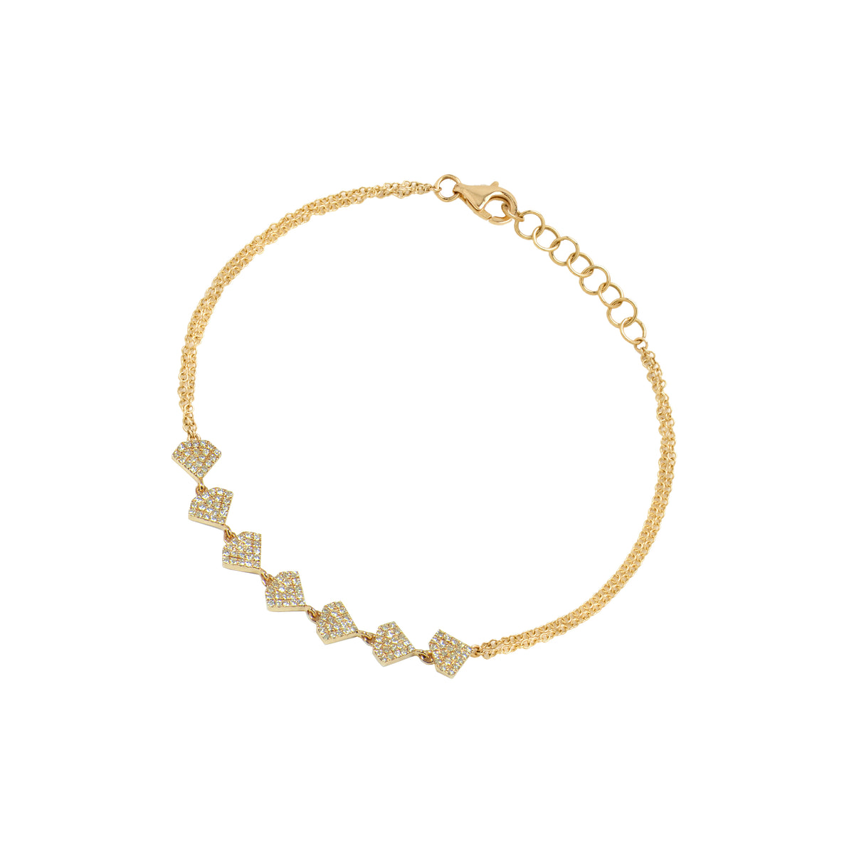 Yellow Gold Shield Bracelet: A 14K gold bracelet with seven diamond-embedded diamond shapes, adjustable length with a lobster clasp, on a white background.