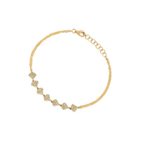 Yellow Gold Shield Bracelet: A 14K gold bracelet with seven diamond-embedded diamond shapes, adjustable length with a lobster clasp, on a white background.