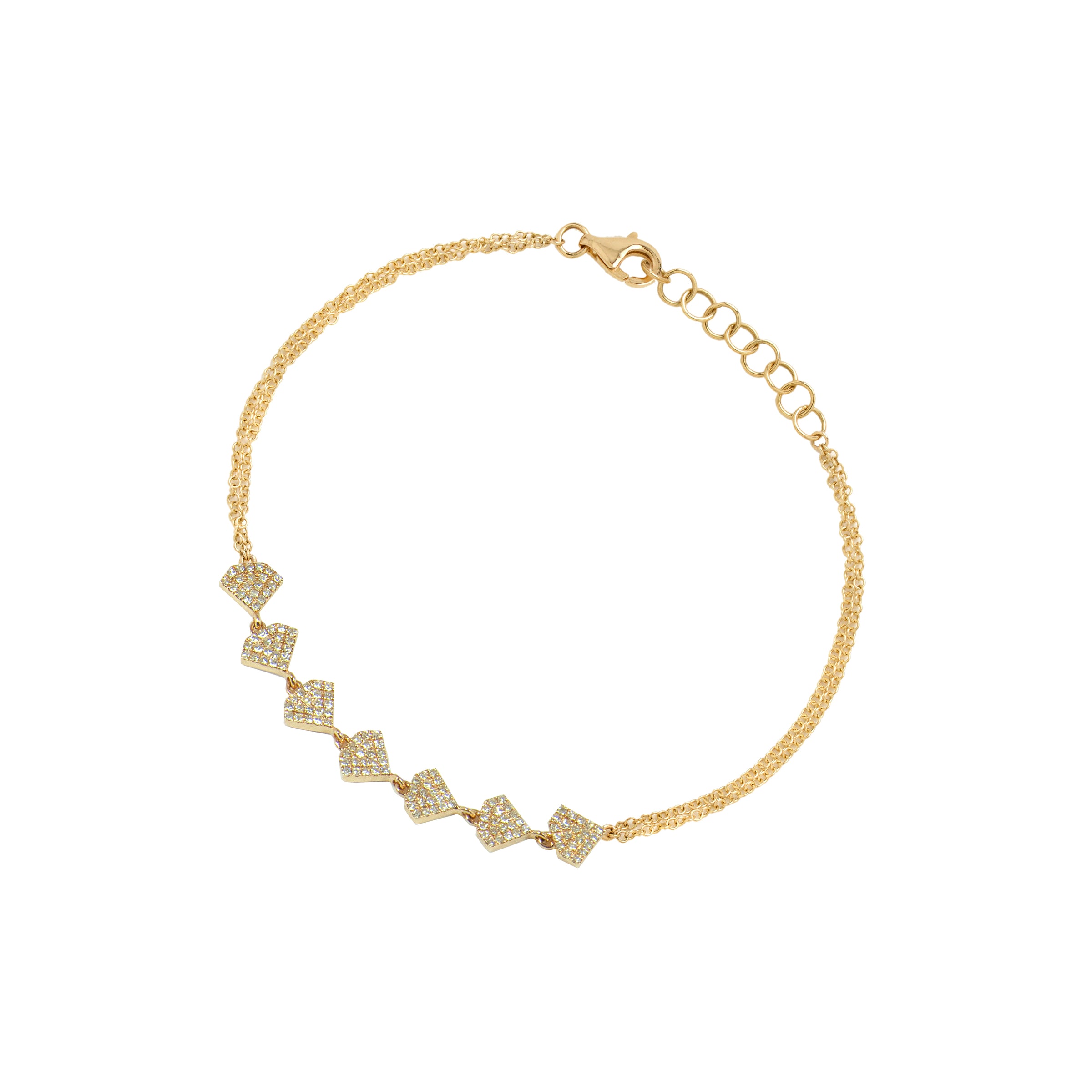 Yellow Gold Shield Bracelet: A 14K gold bracelet with seven diamond-embedded diamond shapes, adjustable length with a lobster clasp, on a white background.