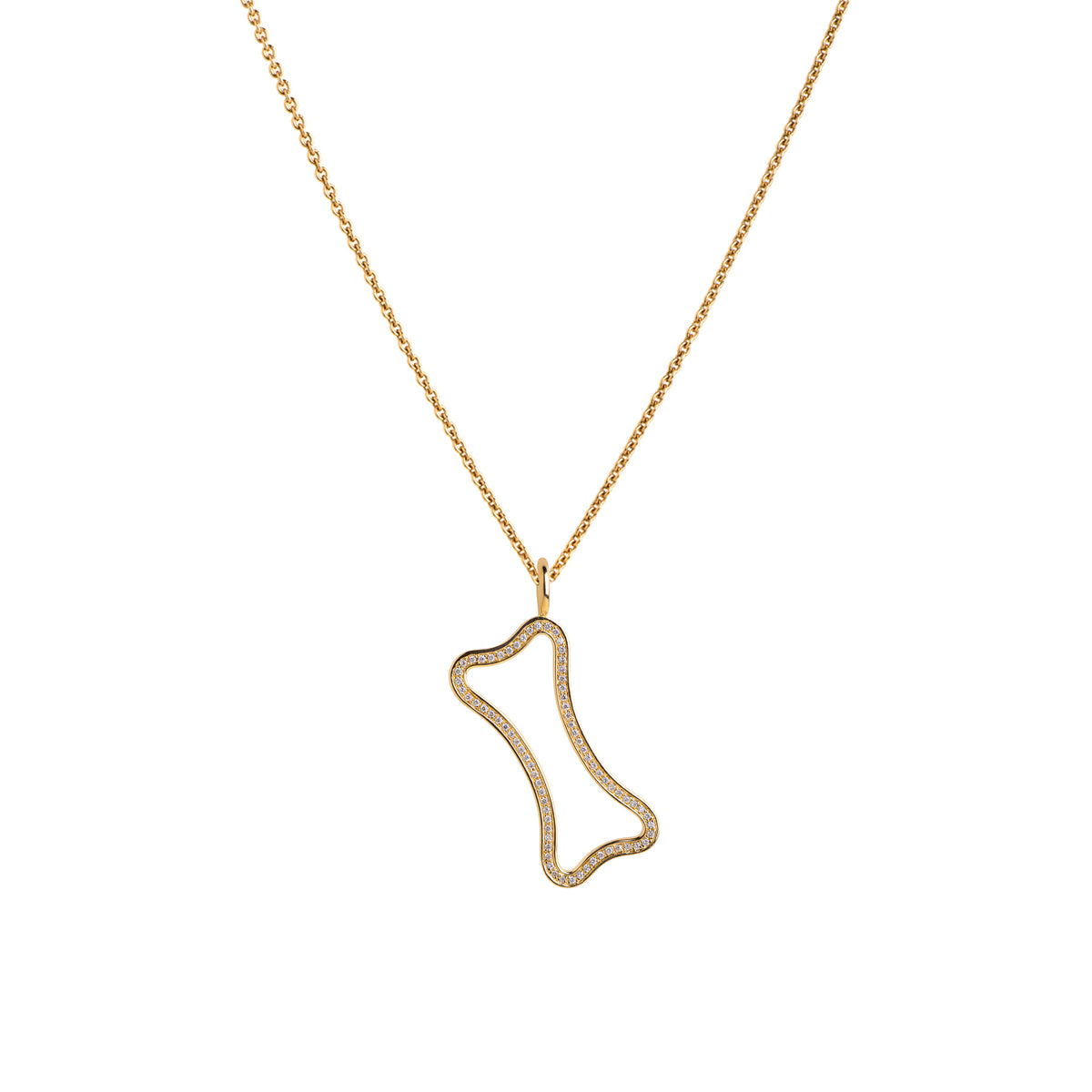 Yellow Gold Small Hollow Diamond Dog Bone Necklace: A 14K gold hollow dog bone pendant with diamonds on a chain.