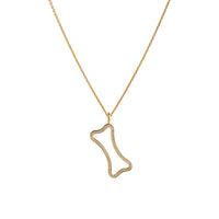 Yellow Gold Small Hollow Diamond Dog Bone Necklace: A 14K gold hollow dog bone pendant with diamonds on a chain.