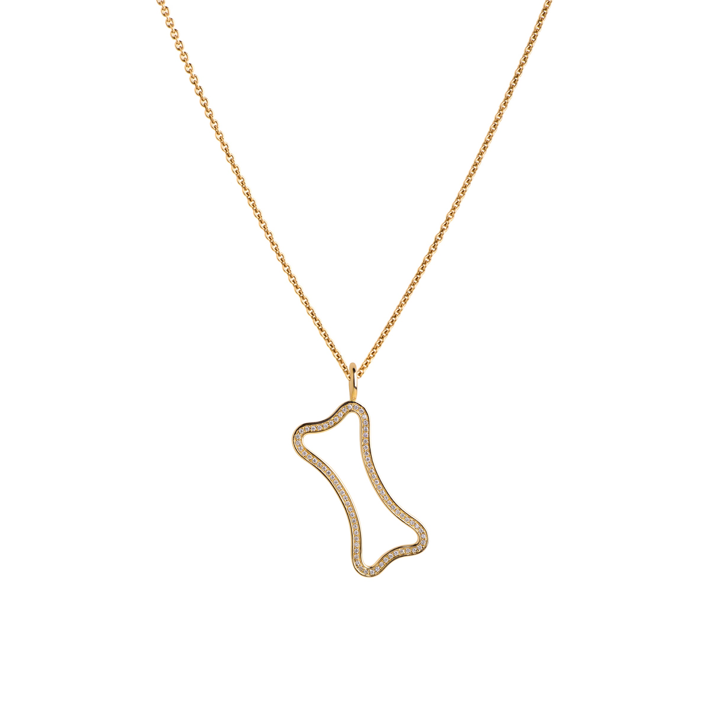 Yellow Gold Small Hollow Diamond Dog Bone Necklace: A 14K gold hollow dog bone pendant with diamonds on a chain.