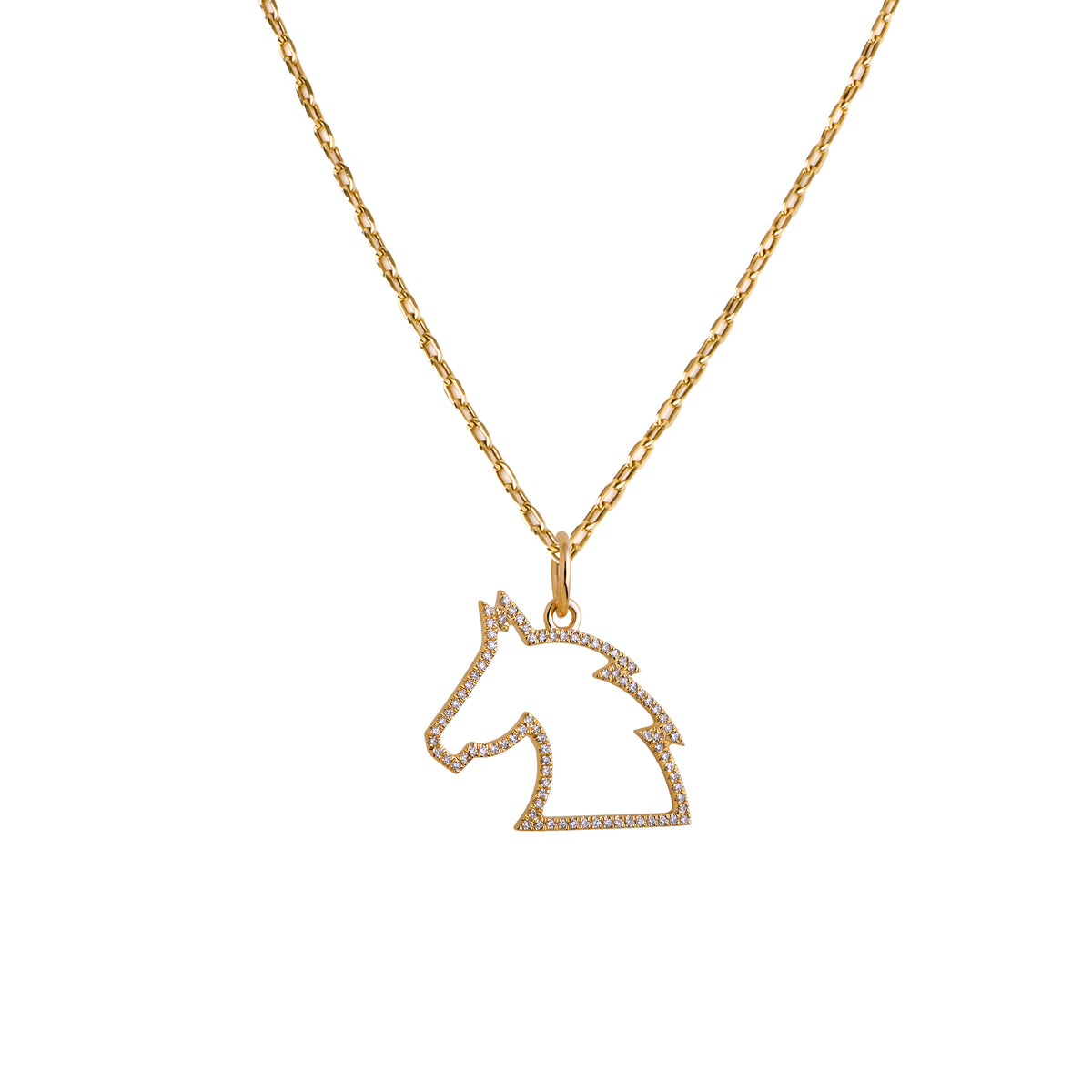 Yellow Gold Small Horse Head Necklace: A 14K gold diamond pendant in the shape of a small horse head, with a chain necklace.