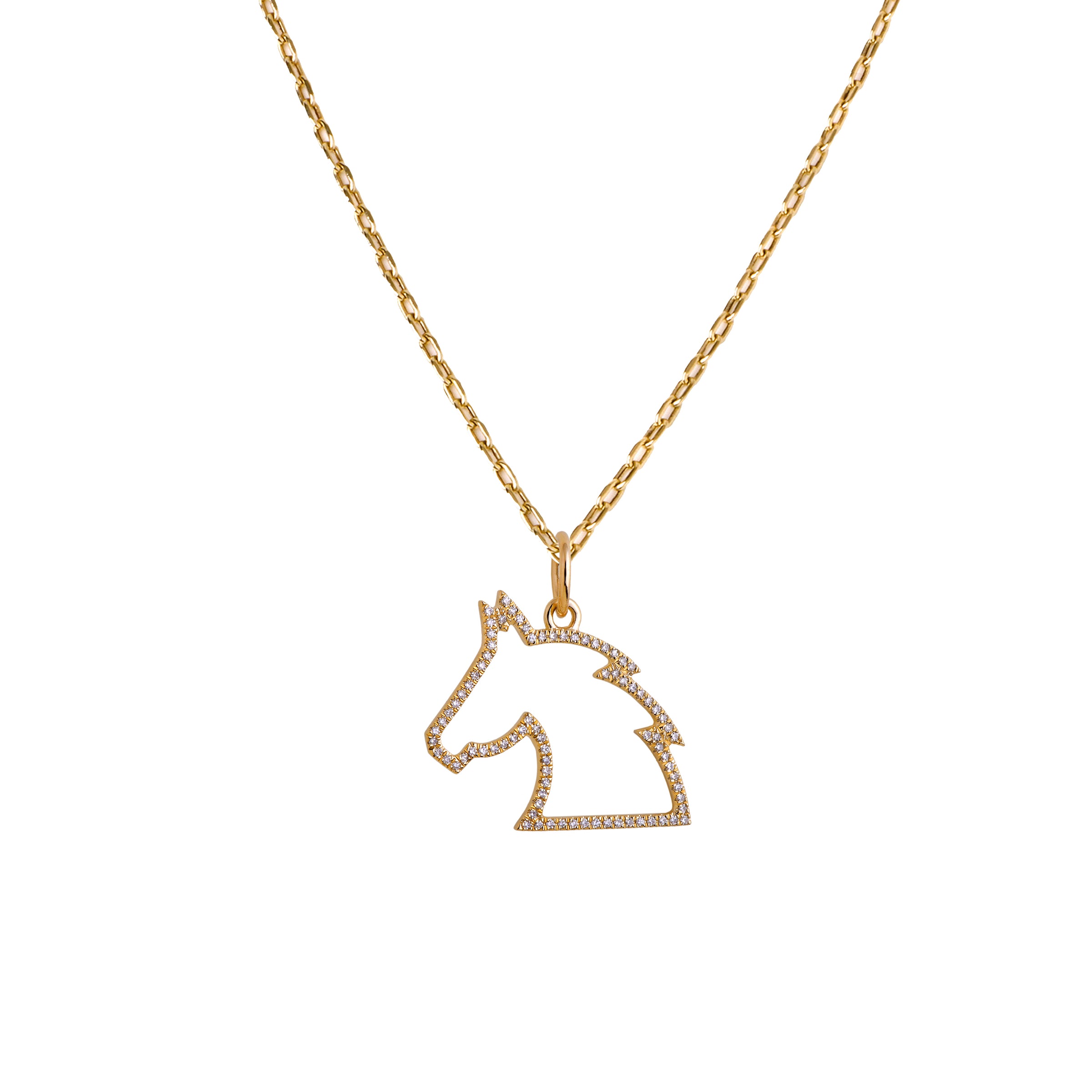 Yellow Gold Small Horse Head Necklace: A 14K gold diamond pendant in the shape of a small horse head, with a chain necklace.