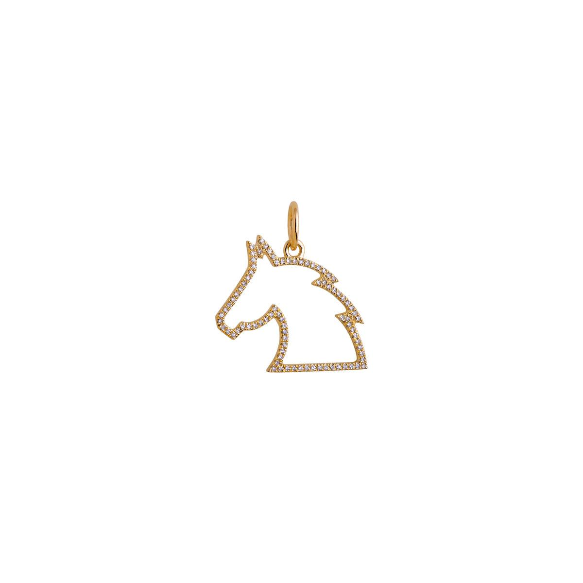 Yellow Gold Small Horse Head Pendant: A 14K gold diamond pendant in the shape of a small horse head