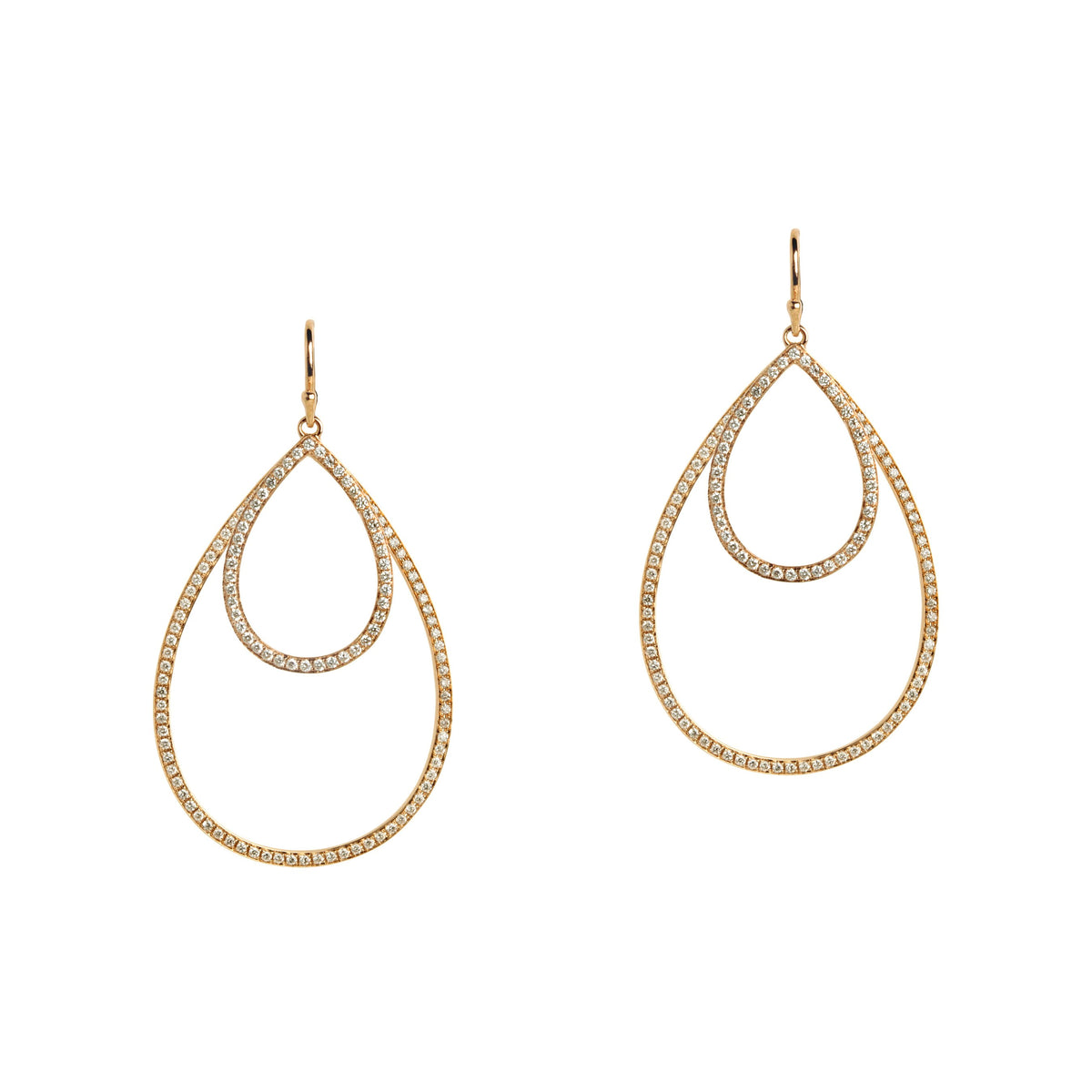 Yellow Gold Small & Medium Diamond Teardrops: A pair of 14K gold diamond earrings that are a combination of two teardrop design earrings of different sizes, displayed against a white background.