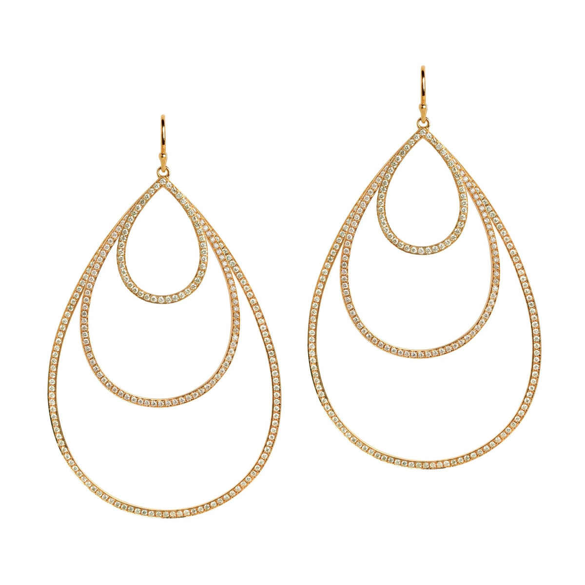 Yellow Gold Small, Medium, & Large Diamond Teardrops: A pair of 14K gold diamond earrings that are a combination of three teardrop design earrings of different sizes, displayed against a white background.