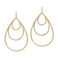 Yellow Gold Small, Medium, & Large Diamond Teardrops: A pair of 14K gold diamond earrings that are a combination of three teardrop design earrings of different sizes, displayed against a white background.
