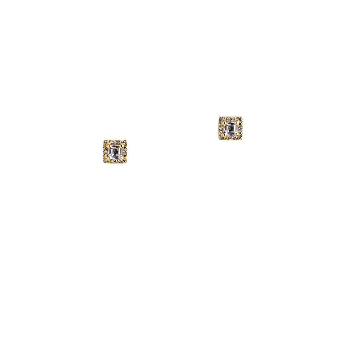 Yellow Gold Square Studs: A pair of 14K gold square-shaped earrings, featuring a central white topaz and surrounding diamonds.