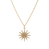 Yellow Gold Starburst Diamond Necklace: A 14K gold pendant featuring a starburst-shaped design with diamonds, on a chain.