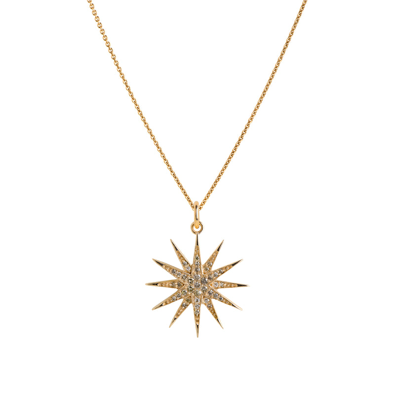 Yellow Gold Starburst Diamond Necklace: A 14K gold pendant featuring a starburst-shaped design with diamonds, on a chain.