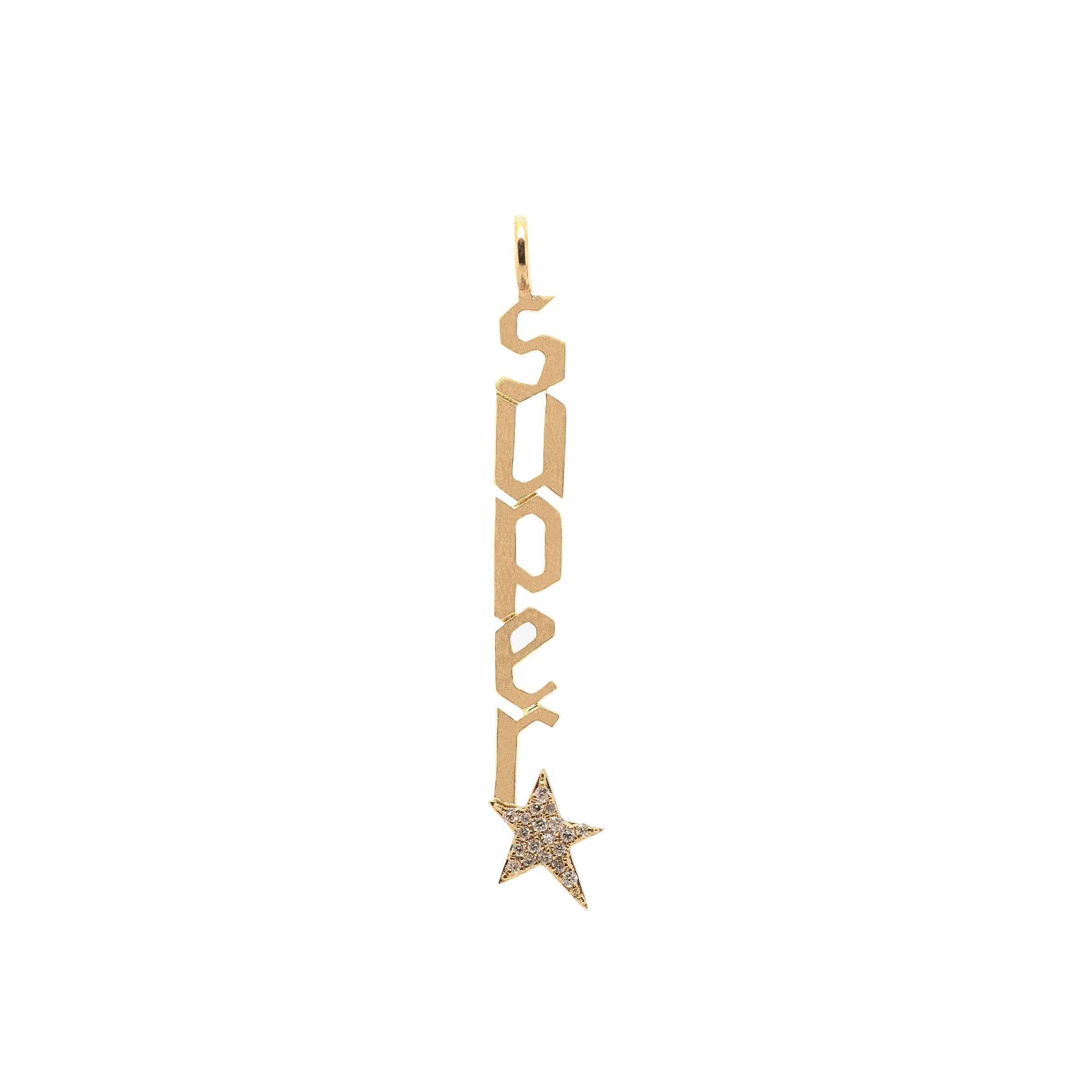Yellow Gold Superstar Pendant: A 14K gold pendant with the inscription 'SUPER' and a star charm, in a vertical orientation.