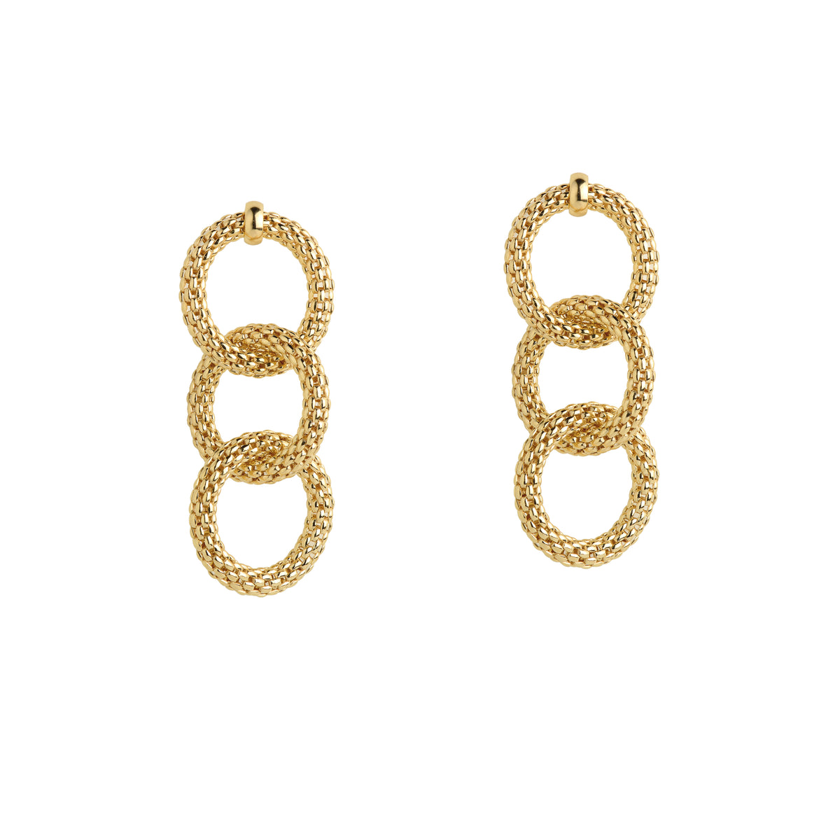 Yellow Gold Triple Link Mesh Earrings: A pair of 18K gold-plated sterling silver triple link mesh earrings with a butterfly and post back fastening.