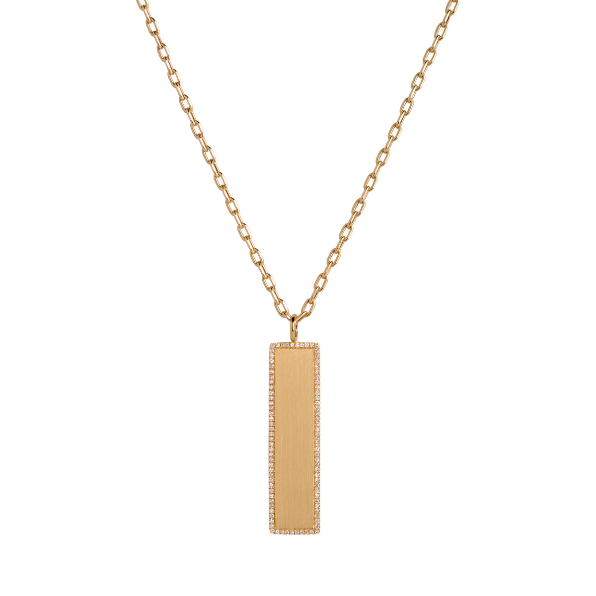 Yellow Gold White Diamond Dog Tag Necklace: crafted in 14K gold with a chain, featuring a rectangular pendant with a diamond-encrusted edge.